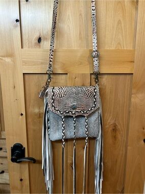 Western Fringe Crossbody Purse with Snake-Embossed Flap -